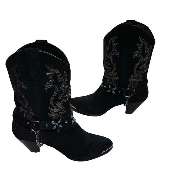 Vintage Dingo Boots Size 8.5 Cowboy Suede Leather Chain Western Black Turqouise - Picture 1 of 8